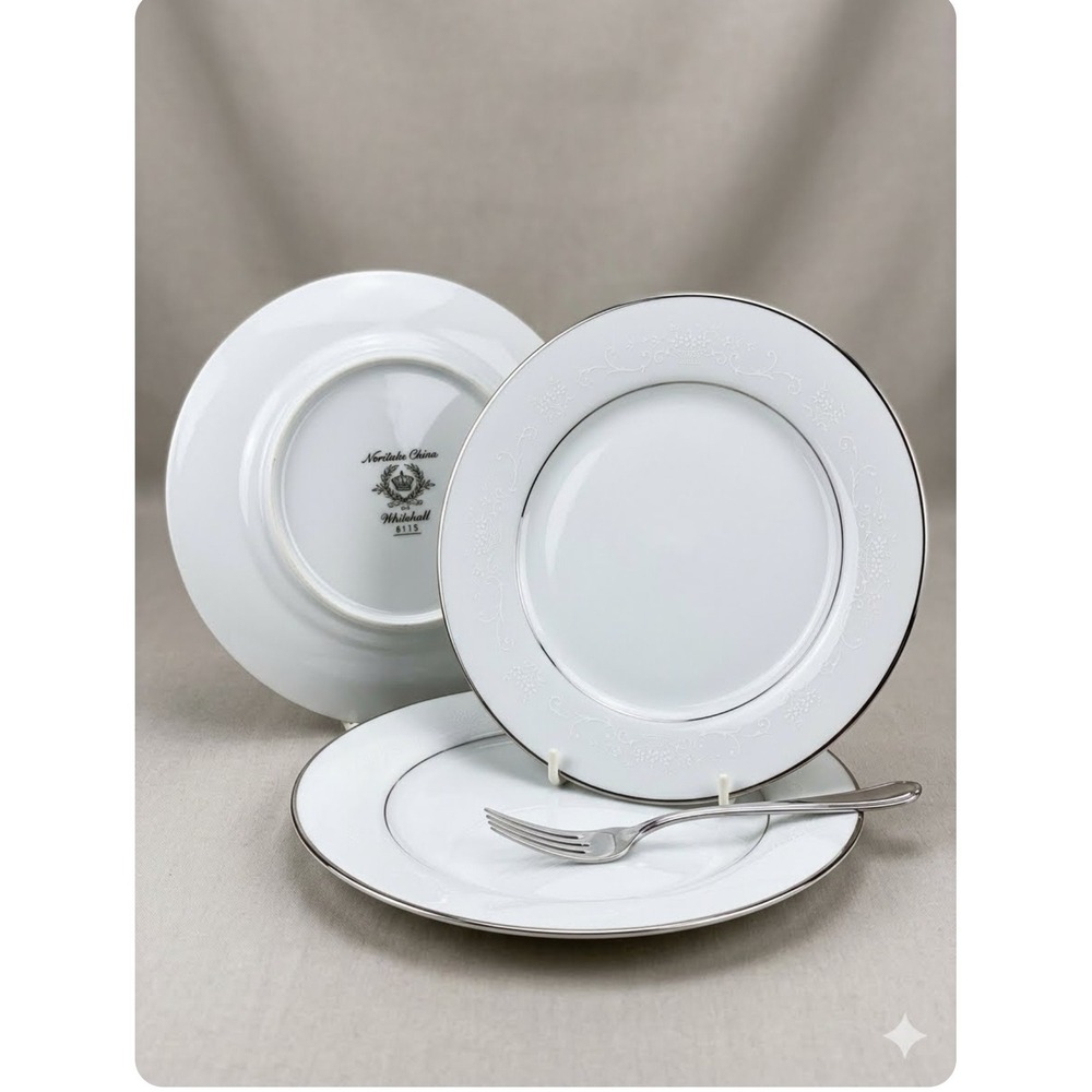 Noritake Whitehall 6115 2- Salad Plates White Floral Platinum Trim